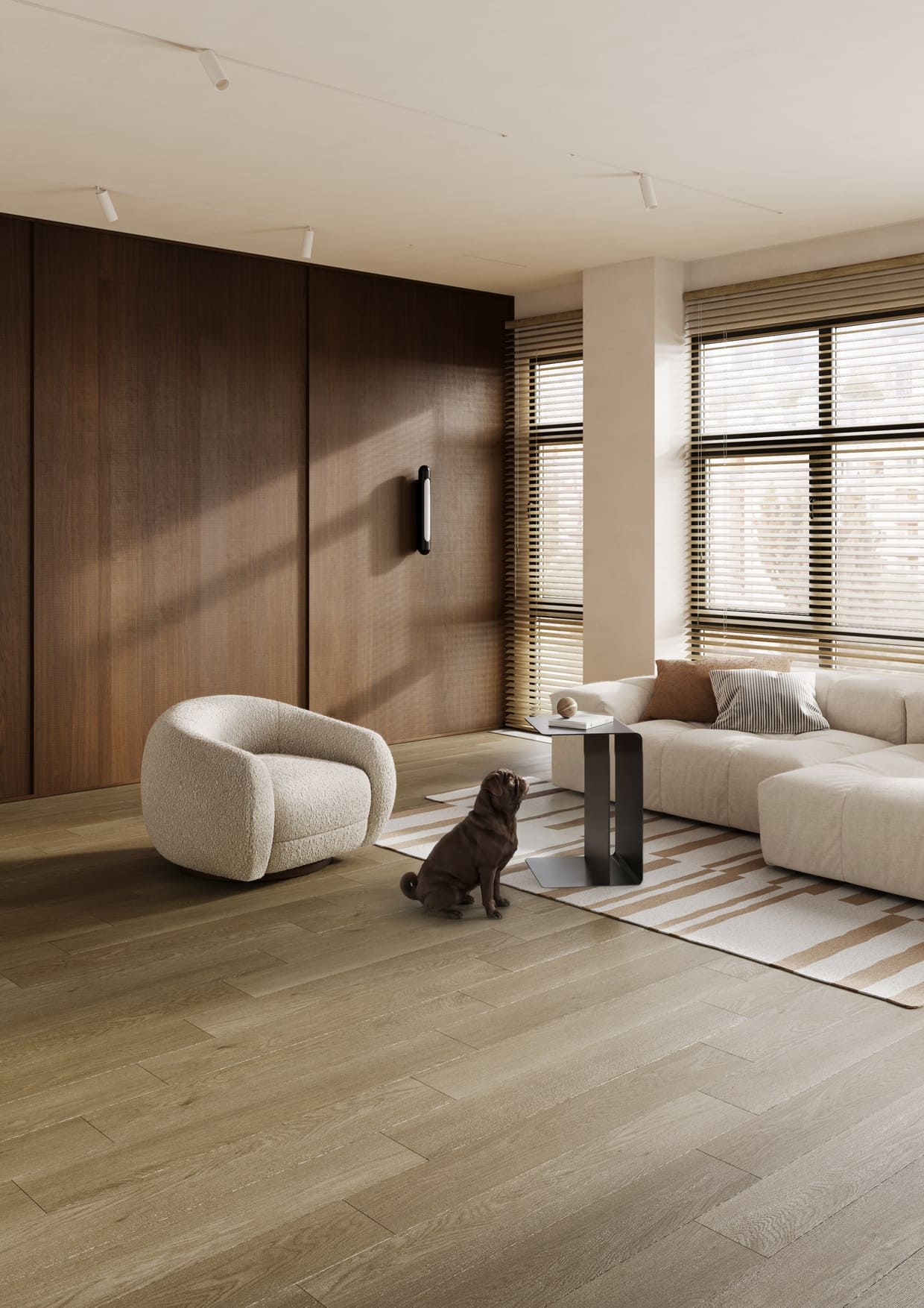 Кварцвиниловый SPC ламинат Fargo Bevel Дуб Античный 50-2123-31 1220×182×6 фото в интерьере